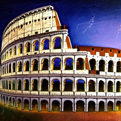 Image similar to exterior view of modern futuristic roman colosseum architecture, view overlooking the city, detailed luminescent oil painting 4 k