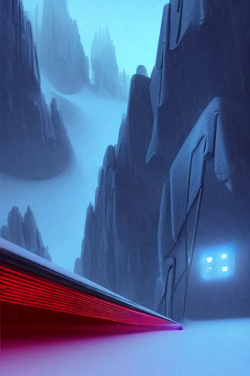 Image similar to futuristic atmosphere in the snowy mountains dolomites 3 d concept art, cinematic lighting, red neon laser, rule of thirds, depth of field, intricate details, building by zaha hadid, stormy snowing weather, emissary space by arthur haas and bruce pennington and john schoenherr, cinematic matte painting, dark moody colors, trending on artstation, featured on behance