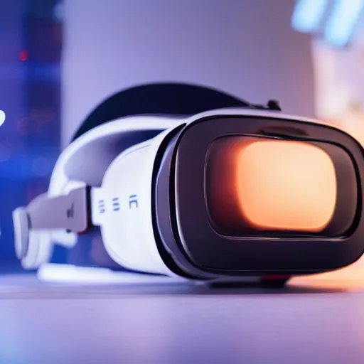 Image similar to high quality presentation photo of VR headset designed by tesla, photography 4k, f1.8 anamorphic, bokeh, 4k, Canon, Nikon