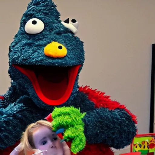 Image similar to godzilla elmo hybrid destroying sesame street