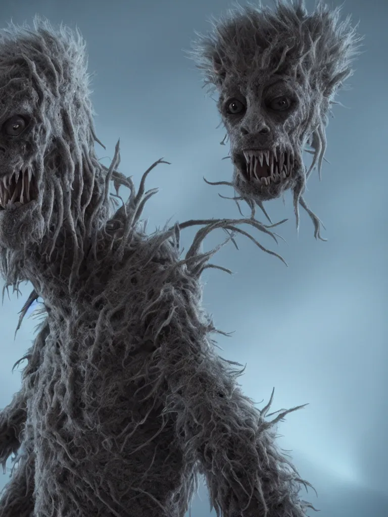 Image similar to standing photorealistic detailed tall skinny humanoid creature with fur, extremly detailed, 8 k, realistic, sharp focus, cosmic horror creature, cosmic horror, from the movie the thing