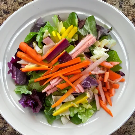 Prompt: a coleau salad with rainbow carrots