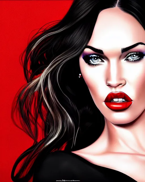 Prompt: closeup portrait beautiful seductive megan fox with long windblown hair in a black party dress, red lipstick, glamour pose, detailed illustration, digital art, trending on artstation, arney freytag, graffiti, gta 5,