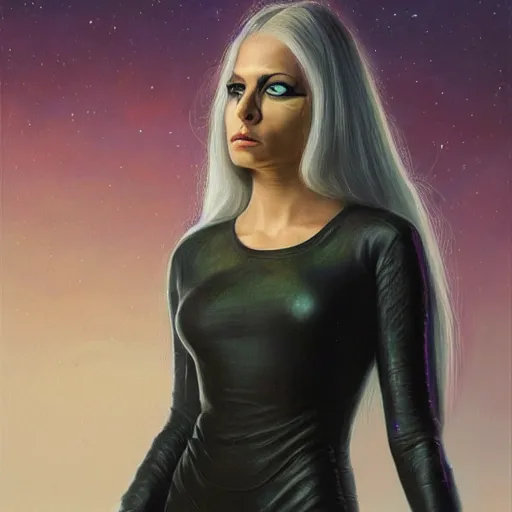 Image similar to pleiadian woman with big eyes and long silver hair wearing a dark body suit and holding a plasma gun as a realistic sci fi character, portrait art by donato giancola and greg rutkowski, digital art, trending on artstation, standing in a barren field