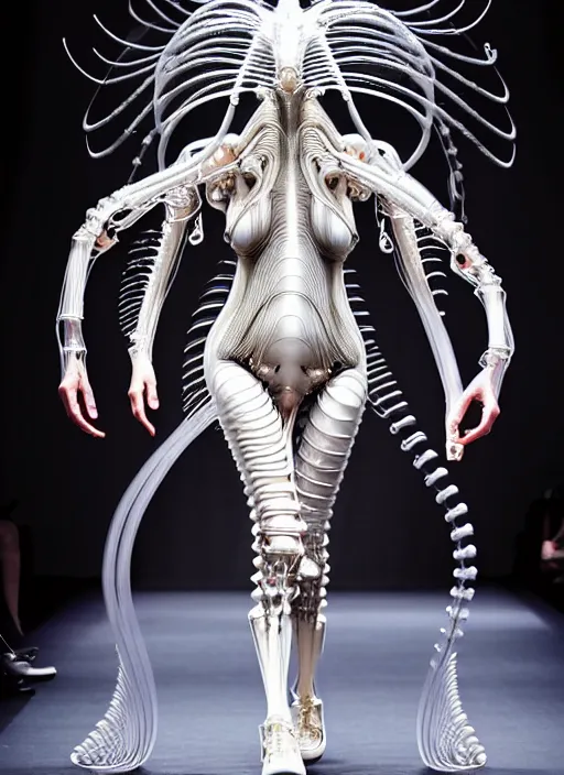 Prompt: walking down the catwalk, show, stage, vogue photo, podium, fashion show photo, iris van herpen, beautiful woman, full body shot, masterpiece, inflateble shapes, alien, giger, plant predator, guyver, jellyfish, wires, veins, white biomechanical details, wearing epic bionic cyborg implants, highly detailed