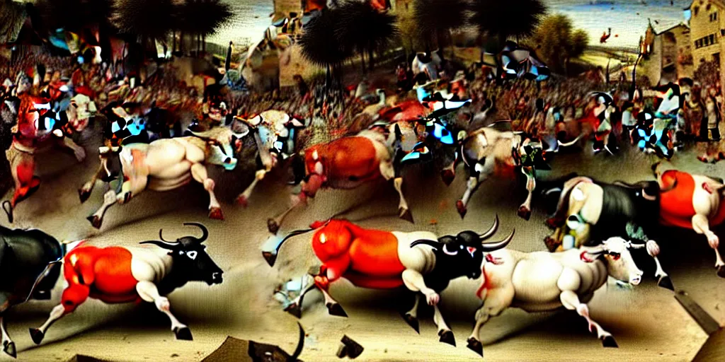 Image similar to the running of the bulls in pamplona, hundreds of people are fleeing from rampaging bulls in the city streets, art by hieronymus bosch, intricate, elegant, highly detailed, smooth, sharp focus, artstation