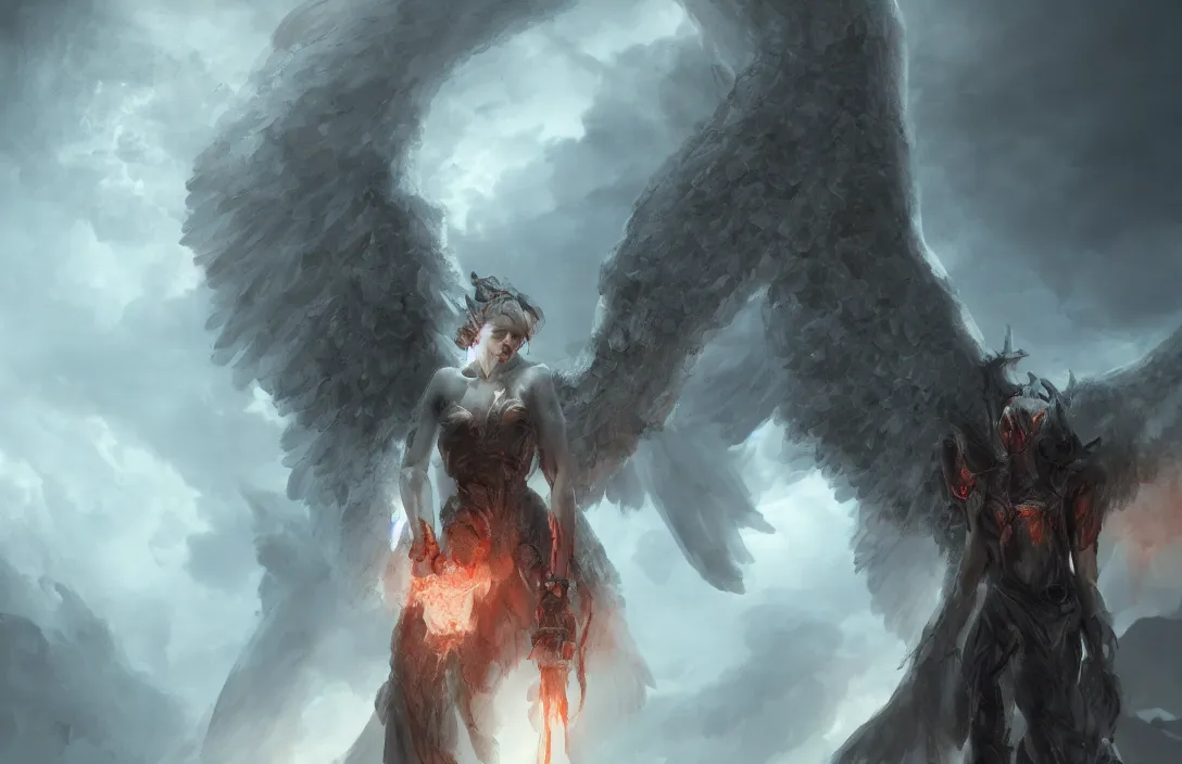 Image similar to an angel in hell, digital painting, concept art, smooth, sharp focus, hyperrealistic, illustration, artstation trending, octane render, unreal engine, ambient light, dynamic lighting, magical, dark fantasy