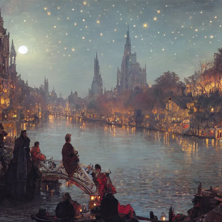 Prompt: a beautiful painting of the view from the river of the lantern festival in ancient london, at night with a sky full of stars, intricate, elegant, highly detailed, digital painting, artstation, concept art, by krenz cushart and artem demura and alphonse mucha