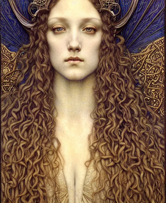 Image similar to detailed realistic beautiful young medieval queen face portrait by jean delville, gustave dore and marco mazzoni, art nouveau, symbolist, visionary, gothic, pre - raphaelite. horizontal symmetry