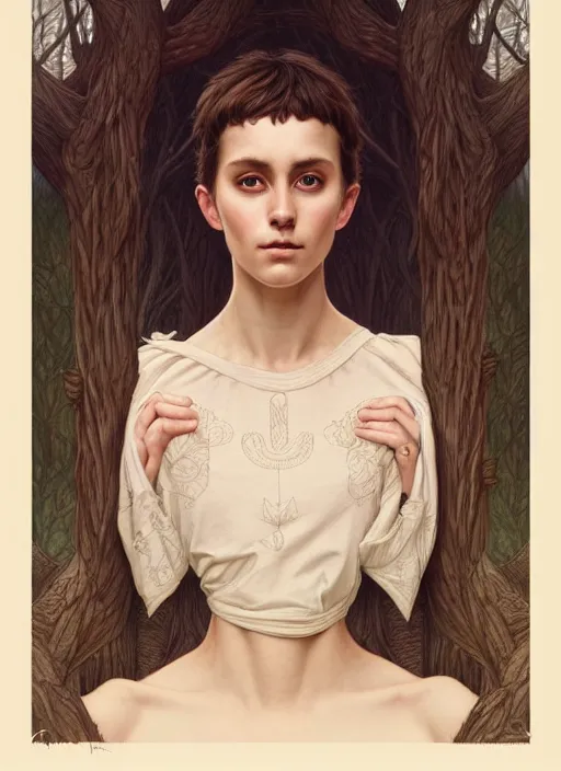 Prompt: symmetry portrait of welsh brunette student in mans tunic, embroidery, tomboy, short hair, intricate forest background, intricate, elegant, highly detailed, digital painting, artstation, concept art, smooth, sharp focus, illustration, art by artgerm and greg rutkowski and fra angelico and alphons mucha