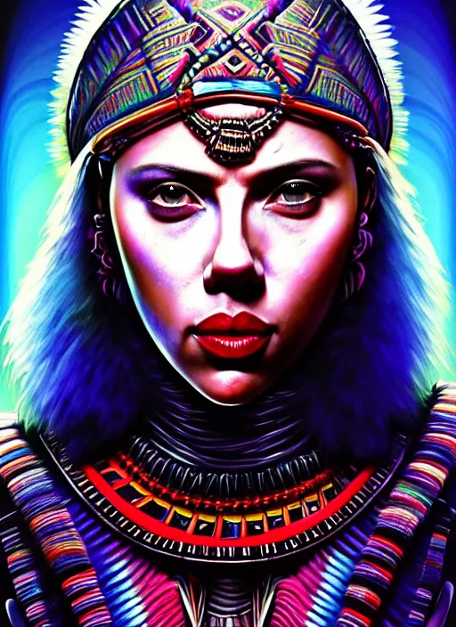 Image similar to portrait of scarlett johansson, hyper detailed ultra sharp aztec shaman warrior. trending on artstation, warpaint aesthetic, bloodwave, colorful, psychedelic, ornate, intricate, digital painting, concept art, smooth, sharp focus, illustration, art by artgerm and greg rutkowski and h. r. giger, 8 k