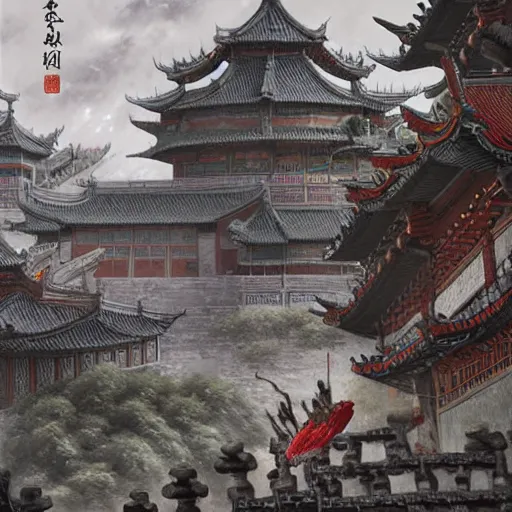 Image similar to dynamic composition, motion, ultra-detailed, incredibly detailed, a lot of details, amazing fine details and brush strokes, colorful and grayish palette, smooth, HD semirealistic anime CG concept art digital painting, watercolor oil painting of epic castle gate, from Three Kingdoms, by a Chinese artist at ArtStation, by Huang Guangjian, Fenghua Zhong, Ruan Jia, Xin Jin and Wei Chang. Realistic artwork of a Chinese videogame, gradients, gentle an harmonic grayish colors.