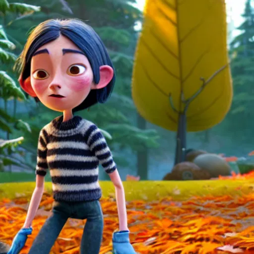 Prompt: a stopmotion animation character, a beautiful canadian woman, gardening, very attractive, some dark grey hair, stripey jumper, denim jeans, doc marten boots, canadian maple leaves, mountains, autumn, unreal engine 5, 8 k, kubo and the two strings, jan svankmayer, disney, pixar,