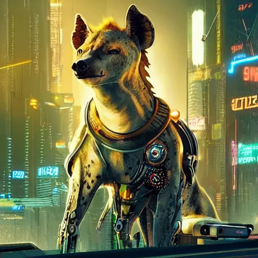 Image similar to cyborg hyena in cyberpunk 2 0 7 7, multiple wires and eyes resembling camera lenses, neon glowing lights on body, realistic, highly detailed concept art