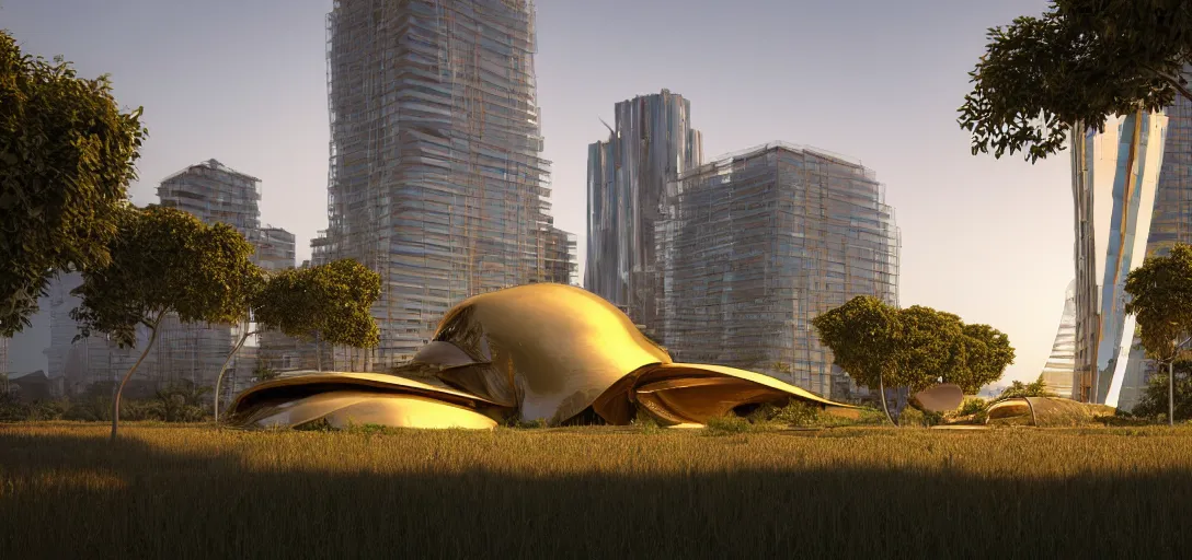Prompt: abandoned futuristic shinny golden building designed by alien civilization, with overgrown vegetation in exuberant jungle, summer day evening dusk, shinny golden roads frank gehry and calatrava, glowing reflections, octane render redshift unreal engine, rule of thirds