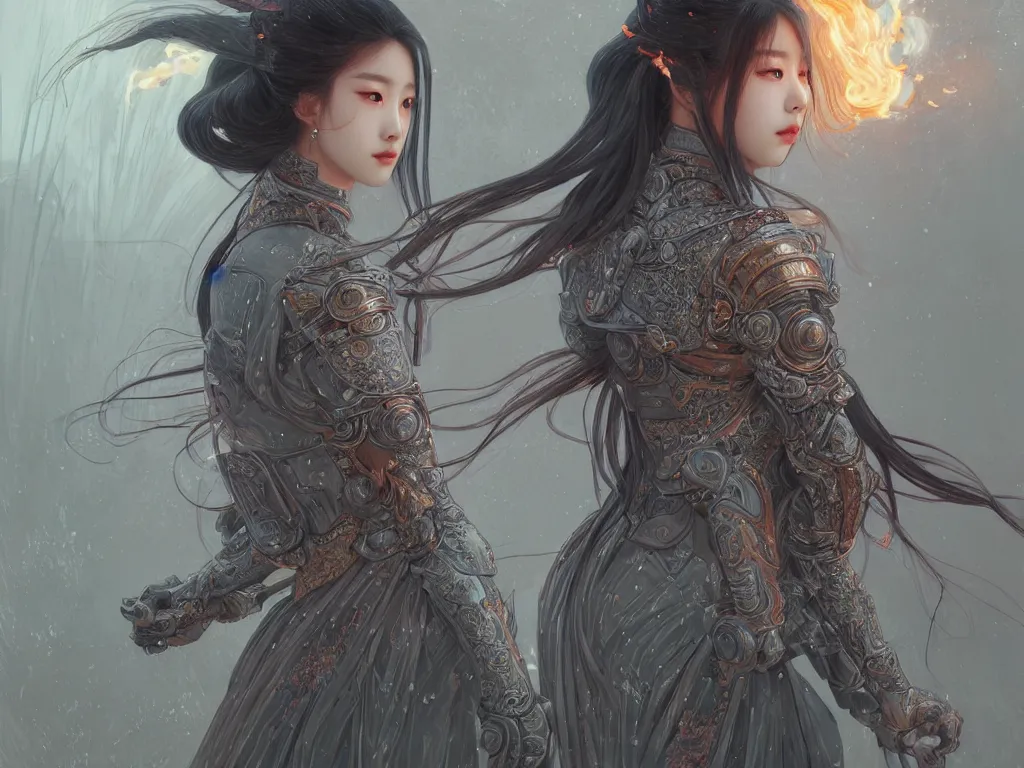 Image similar to portrait jisoo blackpink, grey hair armored samurai clothes, in fire japanese temple wet night, ssci - fi and fantasy, intricate and very very beautiful and elegant, highly detailed, digital painting, artstation, concept art, smooth and sharp focus, illustration, art by tian zi and wlop and alphonse mucha