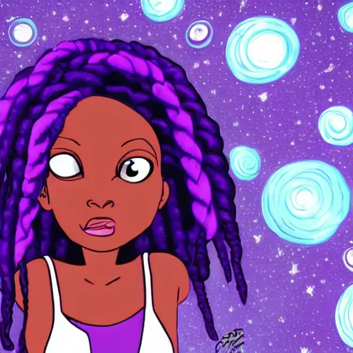 Image similar to black woman with purple dreads in space in the style of steven universe