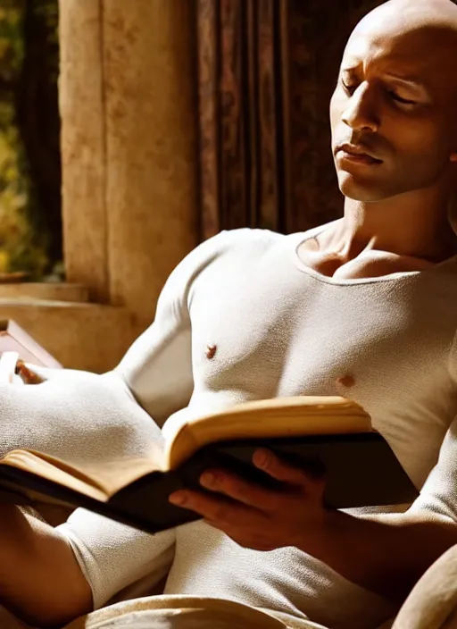 Prompt: A beautiful scene from a 2022 fantasy film featuring a humanoid fossa wearing loose white clothing reading an ancient tome on a couch. An anthropomorphic fossa. Golden hour.