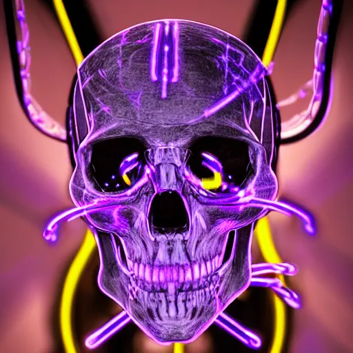 Image similar to cybernetic human scull with with horns , blue neon light and smoke and purple lighting