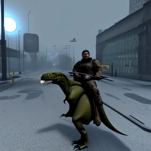 Prompt: a guard riding a t-rex in Half-Life 2