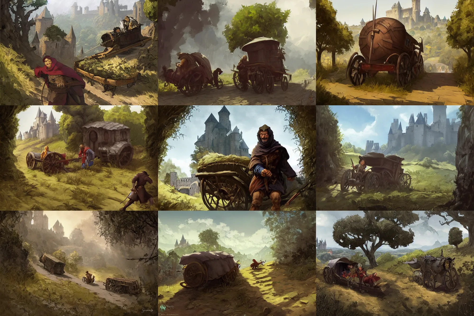 Prompt: medieval thief hiding in the bushes close to a road near city of carcassonne, in a background wagon on a road by stanley artgerm lau, wlop, rossdraws, frank frazetta, andrei riabovitchev, marc simonetti, tranding on artstation