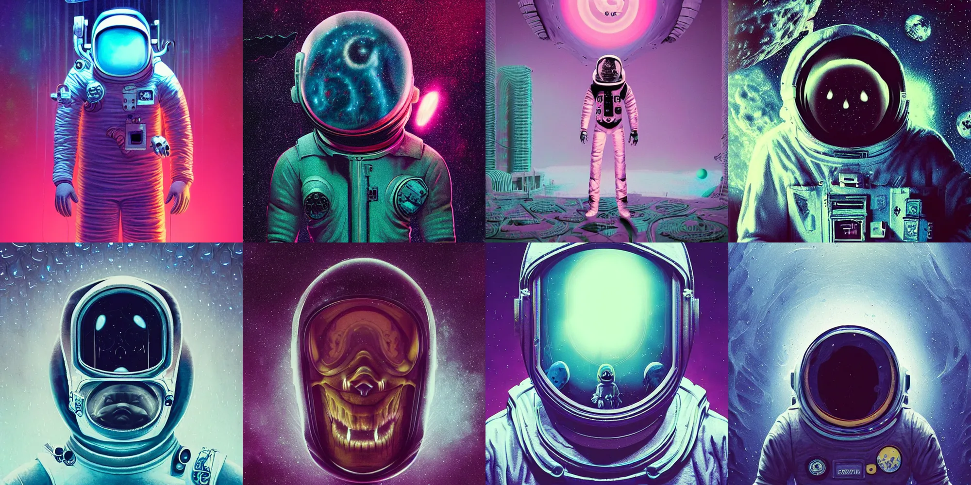 Prompt: scary astronaut, horror poster 9 0 s, cosmic horror, abstract, ghostly, arcade, duotone, poltergeist, lets get weird, intricate, elegant, highly detailed, artstation, smooth, sharp focus, unreal engine 5, raytracing, art by beeple and mike winkelmann, ultraviolet colors,