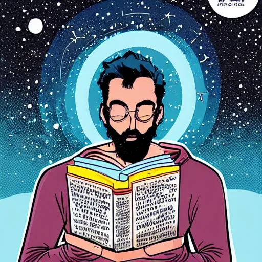 Prompt: A cosmic being reading books containing knowledge of the universe by Laurie Greasley