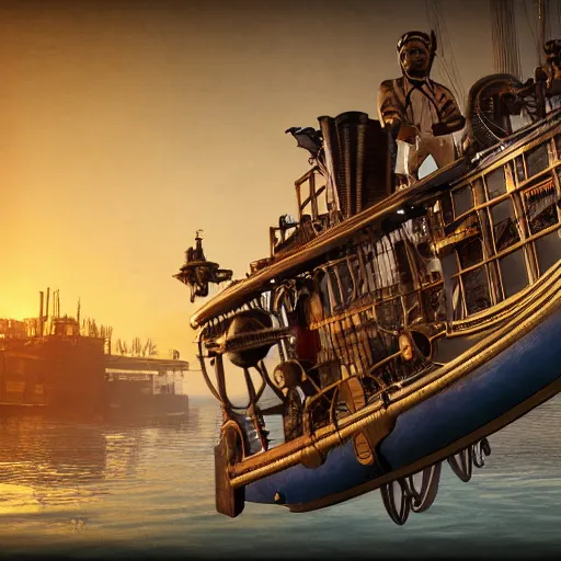 Prompt: a flying steampunk, steamboat from the 1 9 0 0 s with african mask on the front carrying black people across the mississippi river, bioshock infinite, detailed, behrens style, unreal 5 render, fantasy digital art, octane render, beautiful composition, trending on artstation