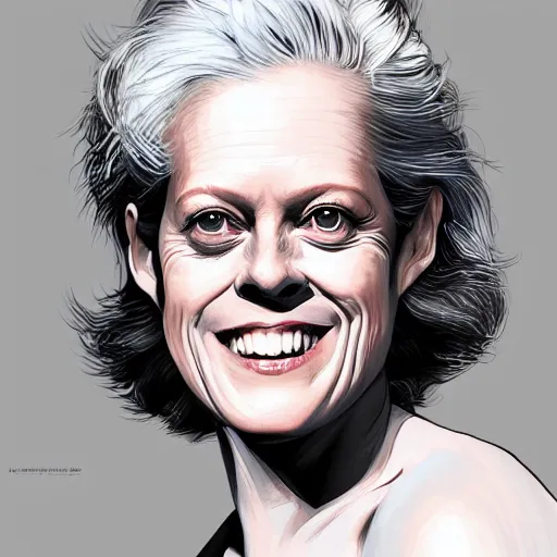 Image similar to sigourney weaver, smiling, happy, beautiful, intelligent, powerful, white hair, loving eyes, fully clothed, wise, beautiful, dramatic lighting, sharp focus, by stanley artgerm, dramatic lighting, trending on artstation, flat colour, geometric curves, gradient filter, art deco patterns