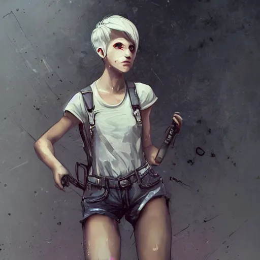 Prompt: a grungy woman with short white pixie cut hair, soft eyes and narrow chin, dainty figure, long hair straight down, torn overalls, short shorts, combat boots, gasmask, basic white background, side boob, symmetrical, single person, style of by jordan grimmer and greg rutkowski, crisp lines and color,