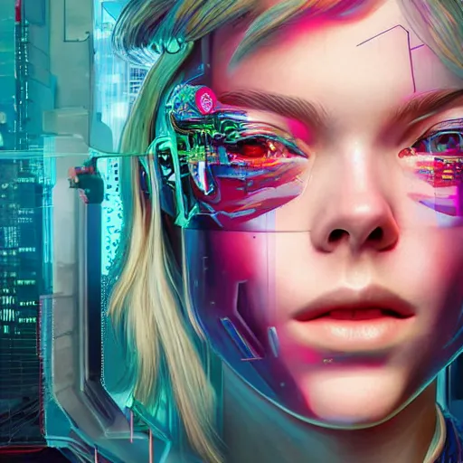 Image similar to a striking hyper real illustration of cyberpunk Elle Fanning by Josan Gonzalez