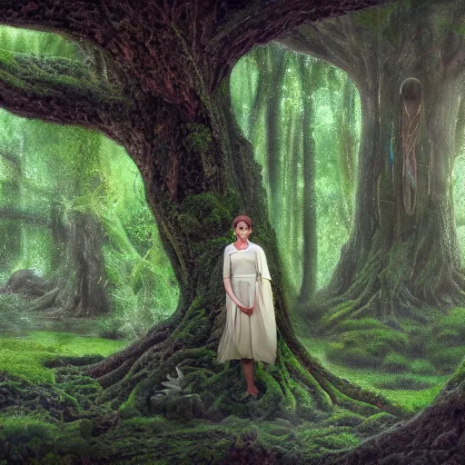 Prompt: Portrait of Carrie Fisher as a dryad, characteristic sparkling green eyes, looking straight to the camera, illuminated for rays of light, behind her is an ancient forest full of life, by Annie Leibovitz, Ellie Victoria Gale and Steve McCurry, matte painting, oil painting, naturalism, 4k, 8k