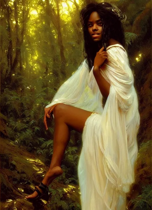 Prompt: a beautiful young black woman with long flowing hair in a flowing white gown in the forest, highly detailed painting by gaston bussiere, craig mullins, j. c. leyendecker 8 k