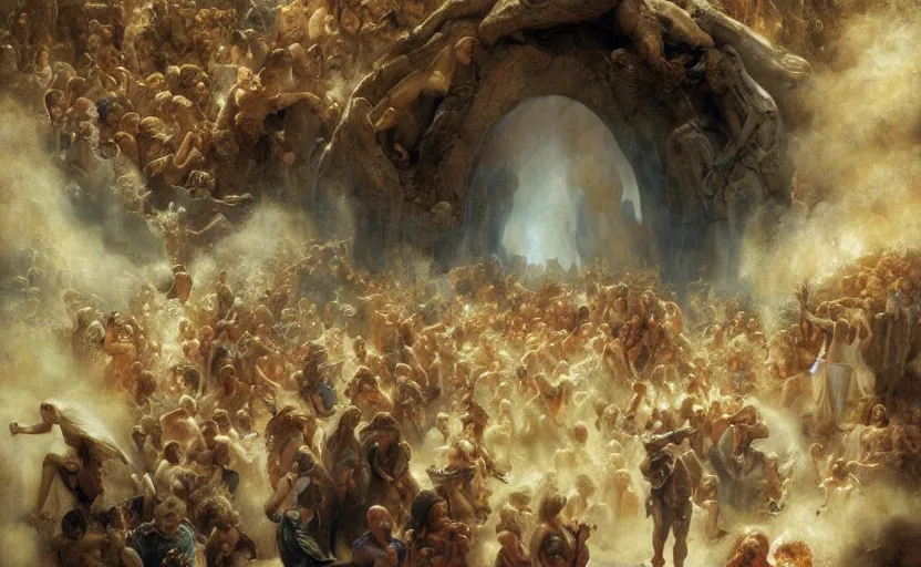 Image similar to alvah angelrune water portal to hell located in heaven, crowd of people, rule of thirds, 4 k, dark bright effect, highly detailed painting by gaston bussiere, craig mullins, j. c. leyendecker, michelangelo