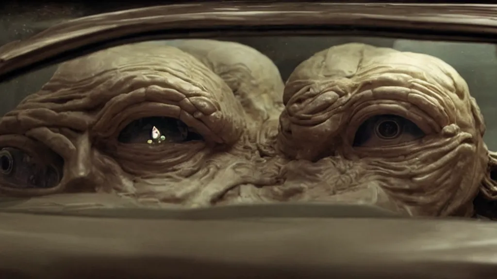 Image similar to the creature sits in a car, made of wax and metal, they look me in the eye, film still from the movie directed by Denis Villeneuve and David Cronenberg with art direction by Salvador Dalí, wide lens