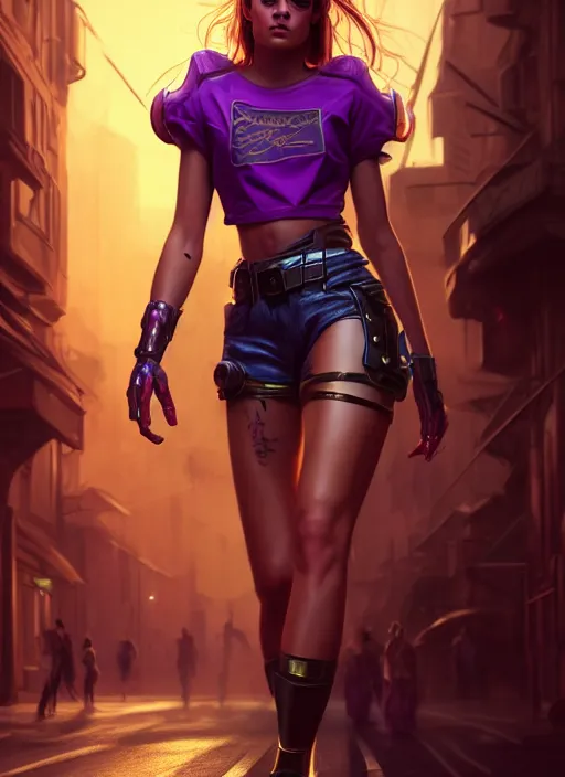 Prompt: young woman wearing shorts and shirt : : purple - gold streets cyberpunk : : weta disney pixar movie still photo : : decadent highly - detailed digital painting, heroic pose, full length shot, golden ratio, octane render, artstation, smooth, sharp focus, artgerm, mucha, loish, wlop, gogo