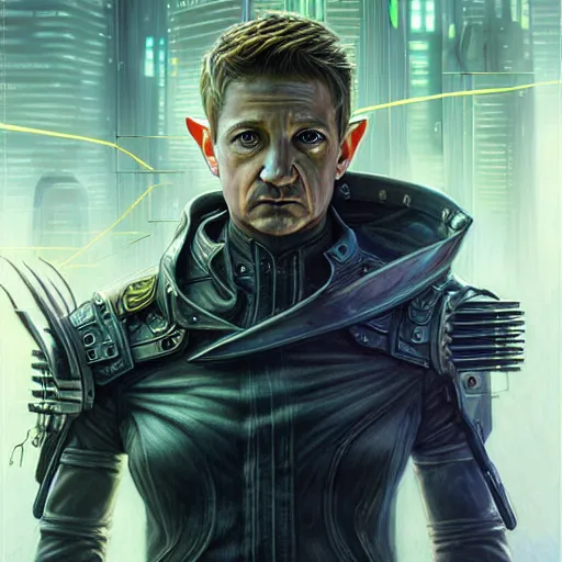 Image similar to portrait painting of a cyberpunk elven cop who looks like jeremy renner, ultra realistic, concept art, intricate details, eerie, highly detailed, photorealistic, octane render, 8 k, unreal engine. art by artgerm and greg staples and elsa beskow and brian froud and jessica rossier