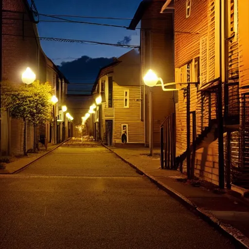 Prompt: an urban neighbor hood street at night, the only light is coming from the street lamps, there is something strange at the end of the street