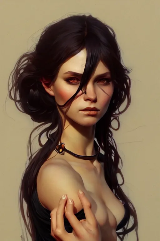 Image similar to a very beautiful savage woman, fantasy, portrait, sharp focus, intricate, elegant, digital painting, artstation, matte, highly detailed, concept art, illustration, ambient lighting, art by ilya kuvshinov, artgerm, alphonse mucha, and greg rutkowski