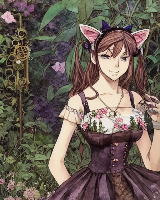 Prompt: middle woman with cat ears, wearing a lovely dress in a steampunk garden. this watercolor painting by the award - winning mangaka has impeccable lighting, an interesting color scheme and intricate details.