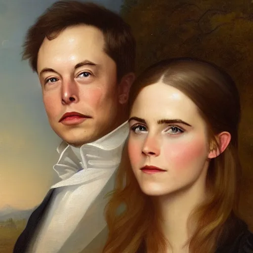 Image similar to elon musk ( left ) and emma watson in an 1 8 5 5 painting by elisabeth jerichau - baumann. painting, oil on canvas