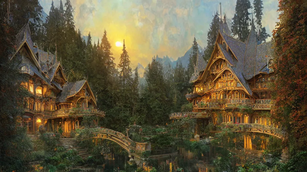 Image similar to a beautiful painting of art nouveau swiss chalet elven rivendell at sunrise, intricate, elegant, highly detailed, digital painting, artstation, concept art, by krenz cushart and artem demura and alphonse mucha