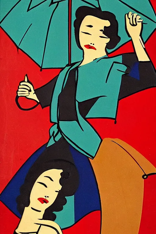 Prompt: mid century modern art 5 0 s atomic lady and umbrella by bernard simunovic