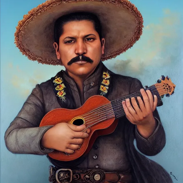 Image similar to portrait of a mexican mariachi musician, art by tom bagshaw and manuel sanjulian and diego rivera