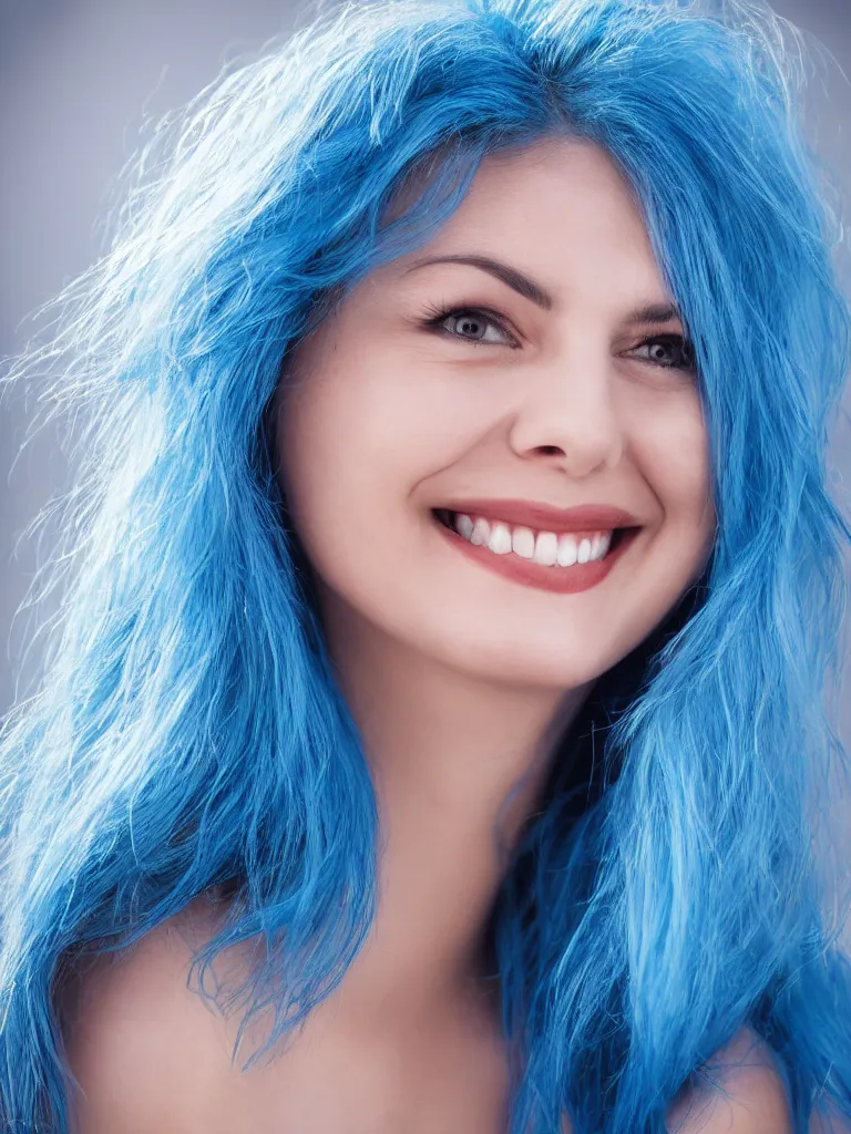 Image similar to Portrait of a woman with blue hair smiling, ultra-realistic, HD, headshot