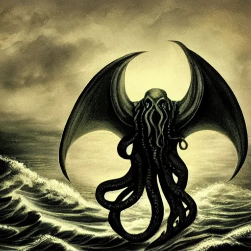 Prompt: cthulhu rising above the ocean, ominous, dark clouds, storm, lighting storm, lovecraft