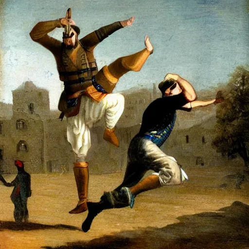 Image similar to a peasant jump - kicking a soldier off of a horse