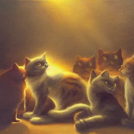 Prompt: cats conducting a fascist uprising, volumetric light, glare, oil in canvas