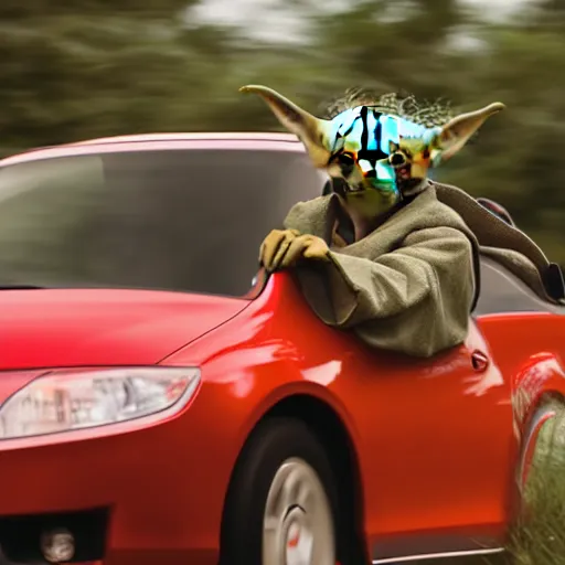 Prompt: Yoda driving a honda civid, DSLR 50mm, high quality, movie still