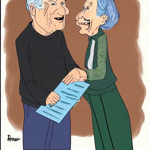 Prompt: an older couple talking to each other drawn by by raymond briggs